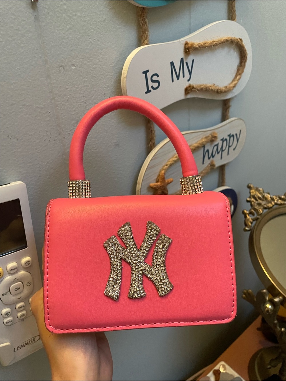 Pink Women's Mini Top-Handle Bag with NY Rhinestone Emblem